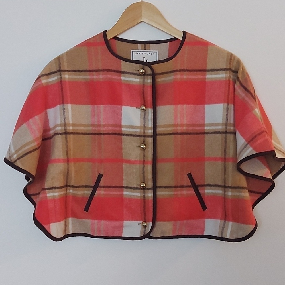 NWOT Janie and Jack Riding Lesson Plaid Pumpkin, Beige and Black Poncho Size 5